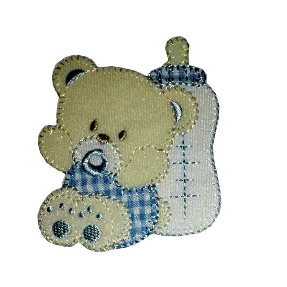 Iron-on Patch - Teddy Bear with Pacifier and Feeding Bottle - Light Blue